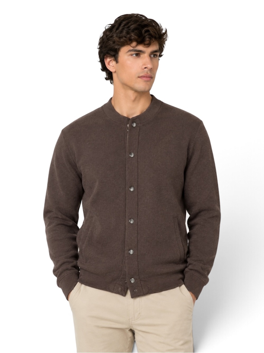 NWT ELITE TAHARI Men's Brown Button-Front Crewneck Sweater